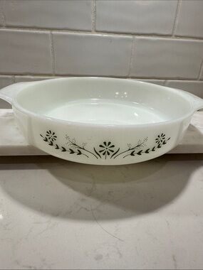 Vintage Glasbake Milk Glass Green Daisy round casserole